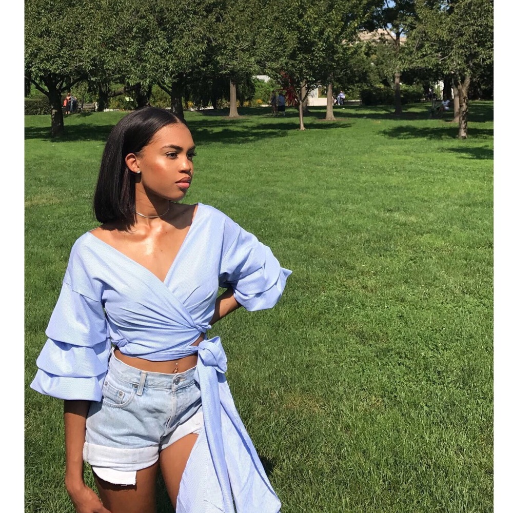 Blue and white striped wrap shirt